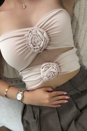 Women’s One-Shoulder Floral Applique Crop Top