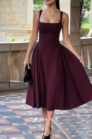 Women’s Sleeveless Square Neck Flared Midi Dress