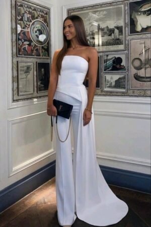 White Strapless Peplum Top with Flared Pants & Drape