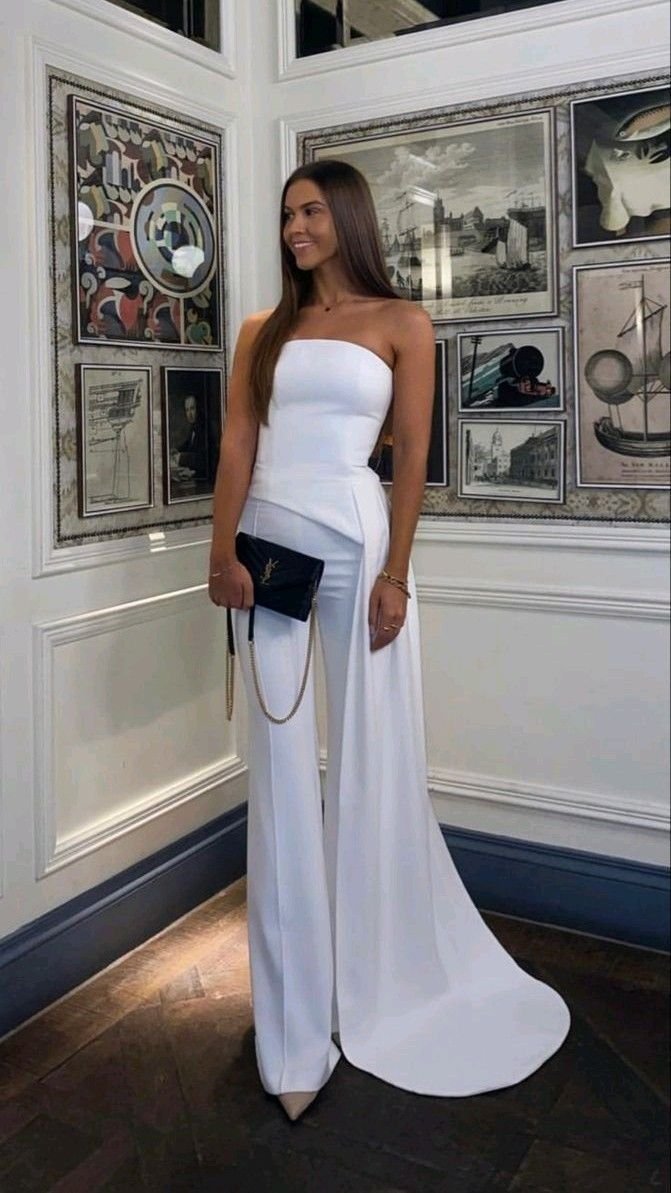 White Strapless Peplum Top with Flared Pants & Drape
